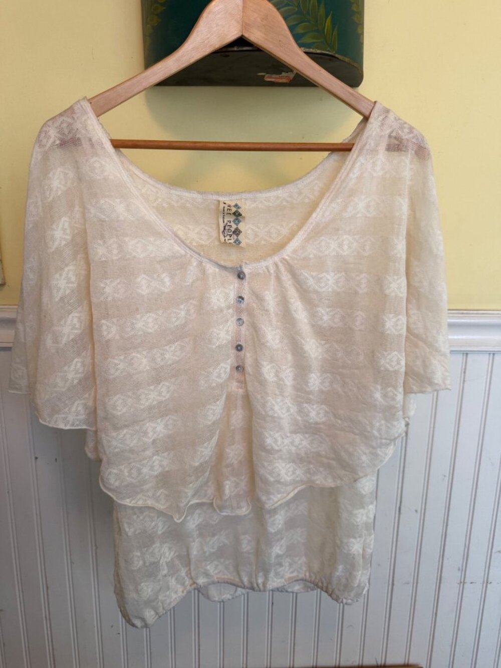 Free People Cream Sheer Lace Button Front 3/4 Sleeve Blouse M